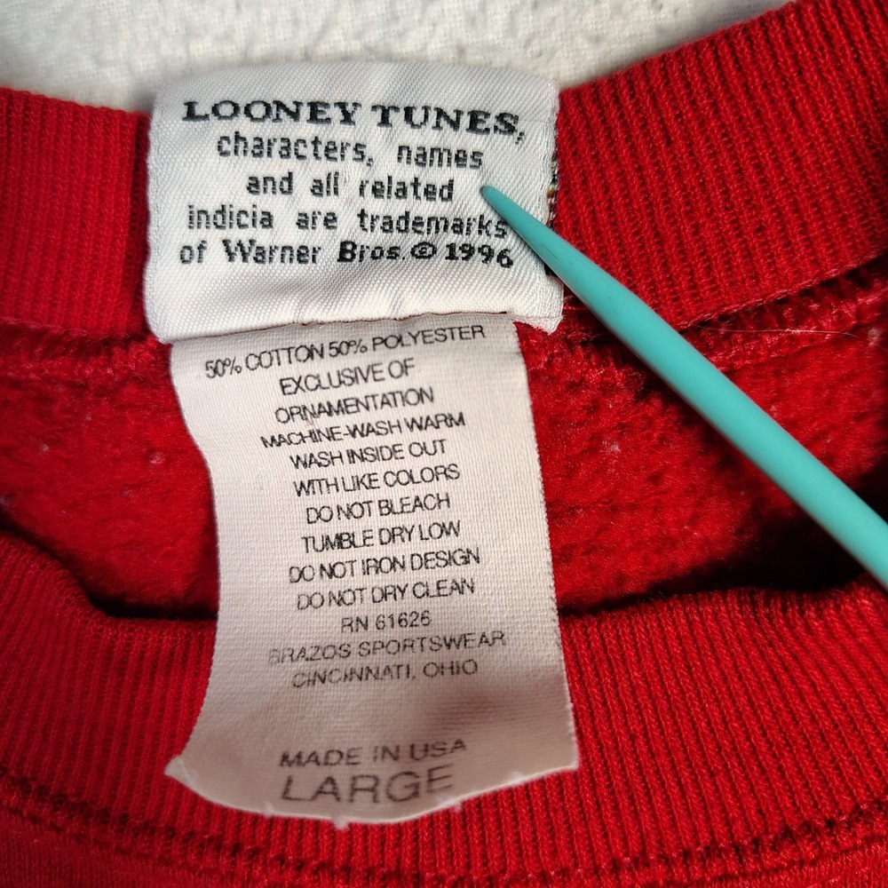 Vintage 90s Looney Tunes Sweatshirt Large Red Cotton Tweety Bird Made in USA - Picture 6 of 13
